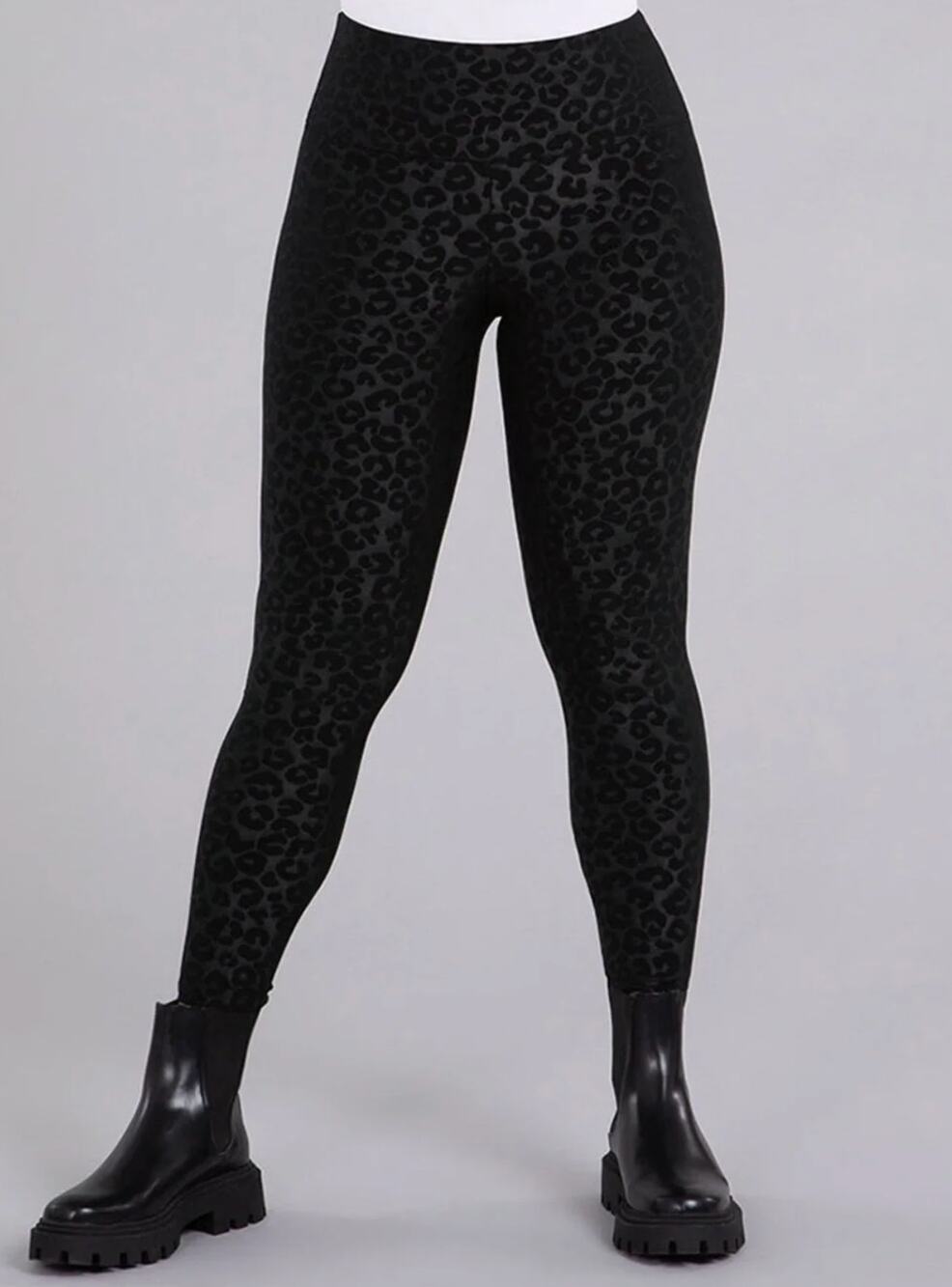 Sympli Womens Leggings 6 Nu Yoke Embossed Black Leopard Animal Print 27218EJ